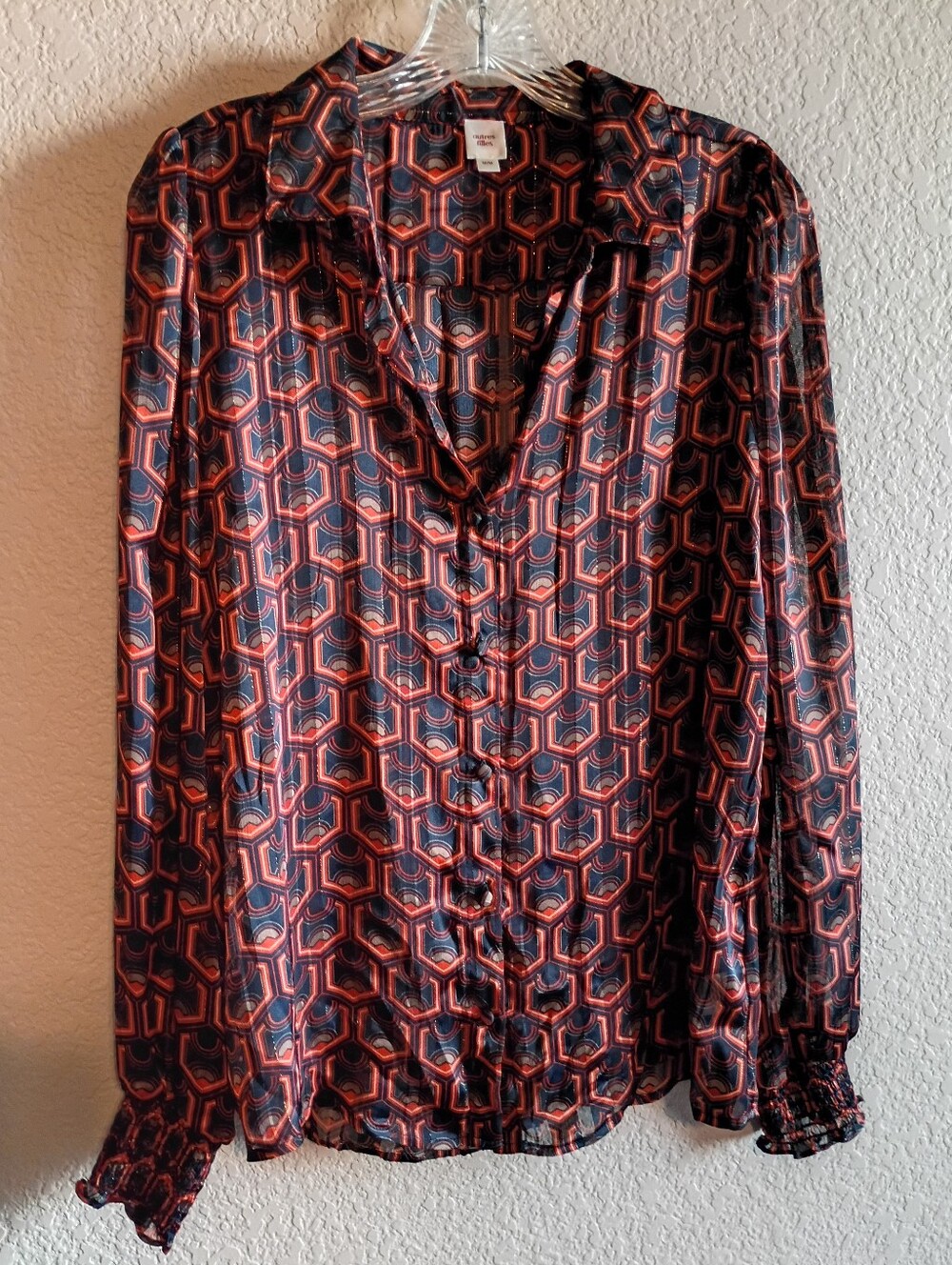 Autres Filles NWOT Puff Sleeve Ruche Cuff Geometric Semi-Sheer Multicolor Blouse